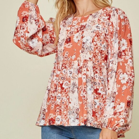 NWT Andree by Unit Babydoll Top 3X Orange Floral Long Balloon Sleeve Fall Boho - Picture 1 of 8